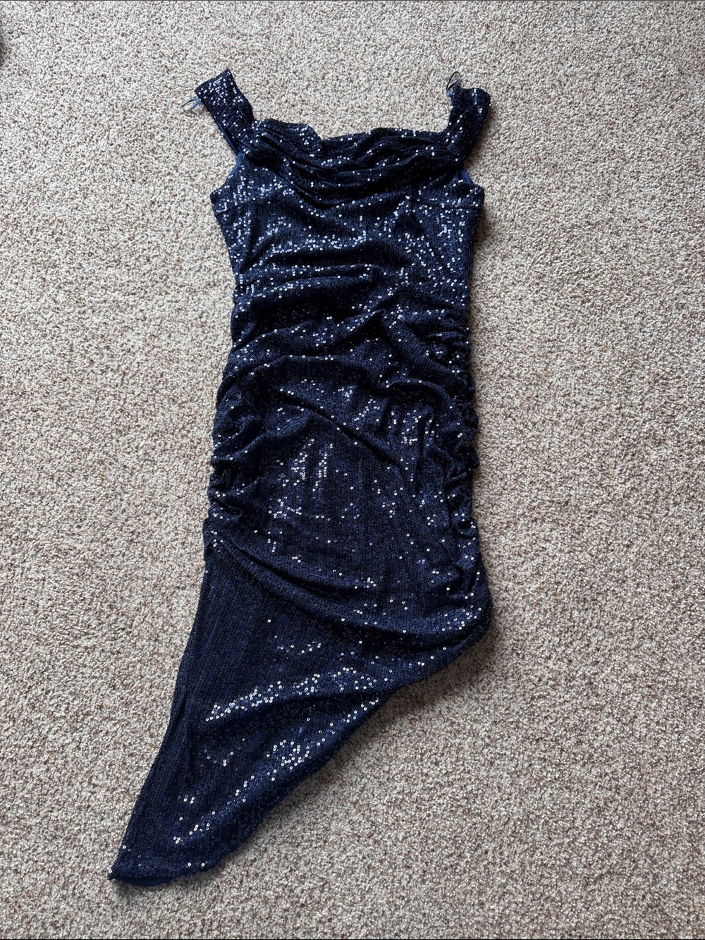Navy Sequin Asymmetrical One-Shoulder Dress